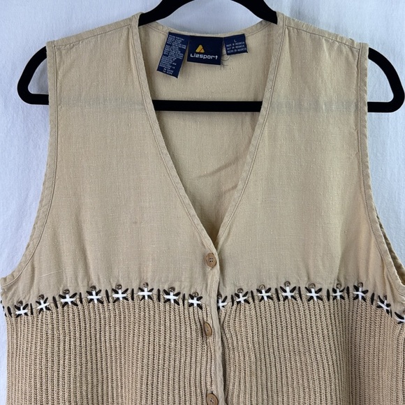 Vintage Lizsport Linen Blend Cream Boxy Ribbed Button Down Vest - Picture 2 of 8